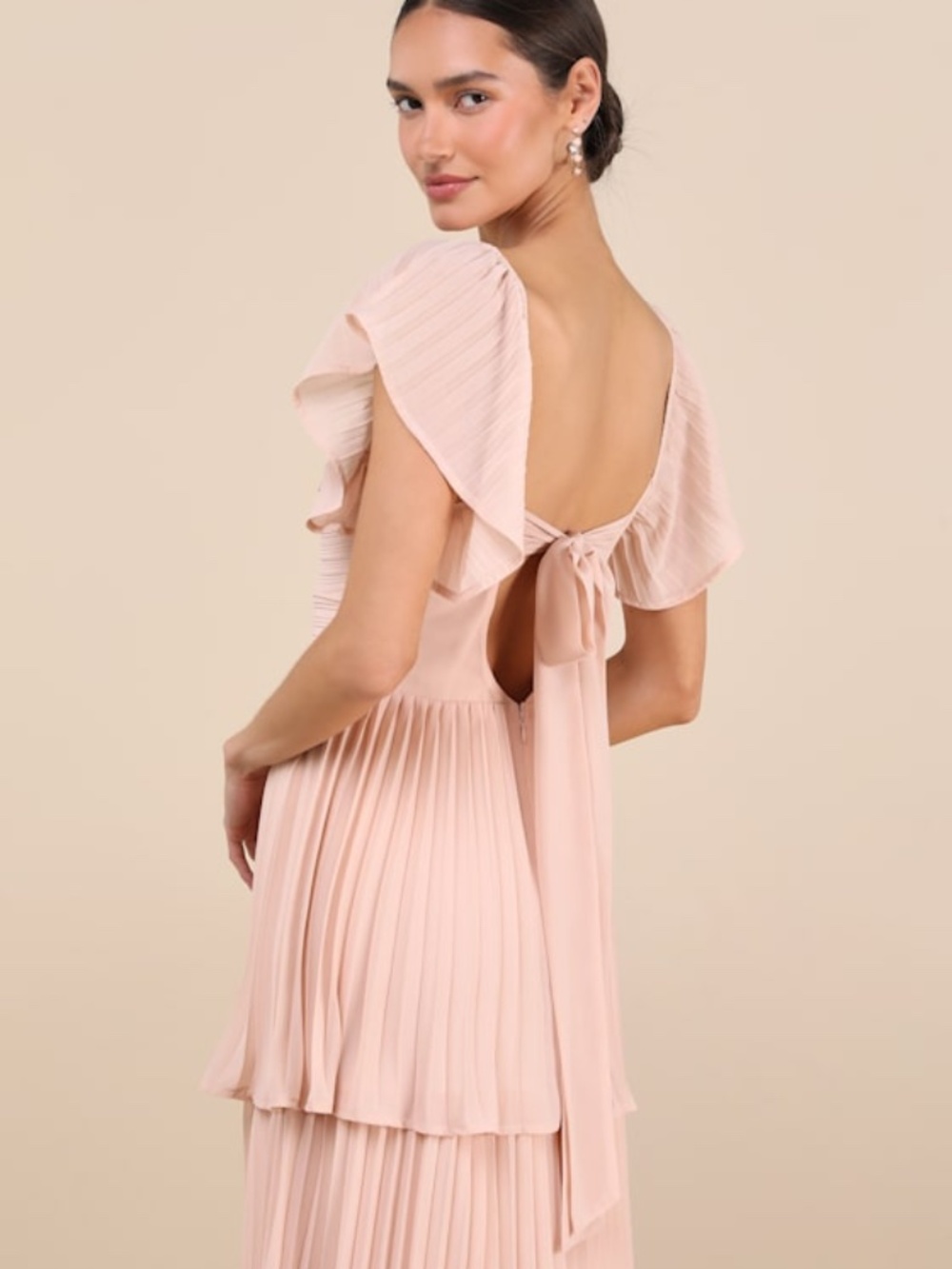 Lulus Notorious Charm Blush Pleated Flutter Sleeve Maxi Dress Pink - Size XL